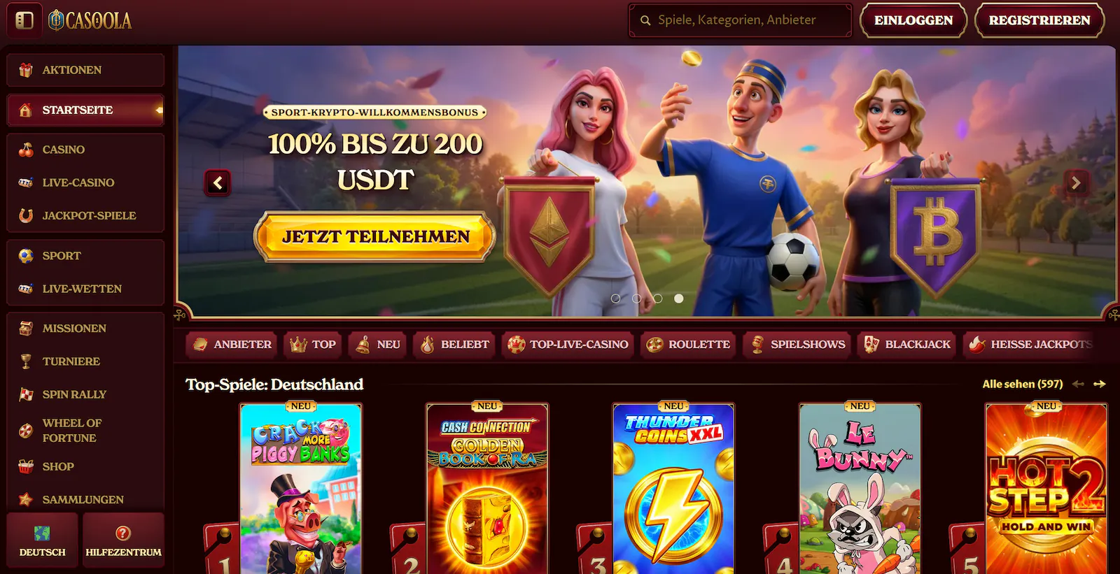 Casoola Casino Homepage mit Welcome-Bonus-Highlights