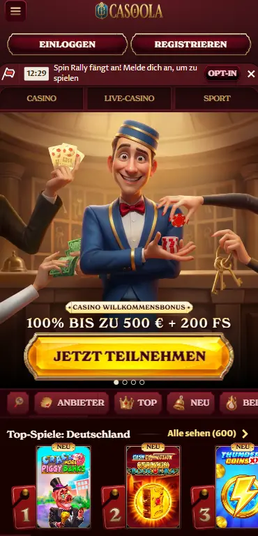 Casoola Mobile-Web mit Spin-Rally-Countdown und Welcome-Bonus