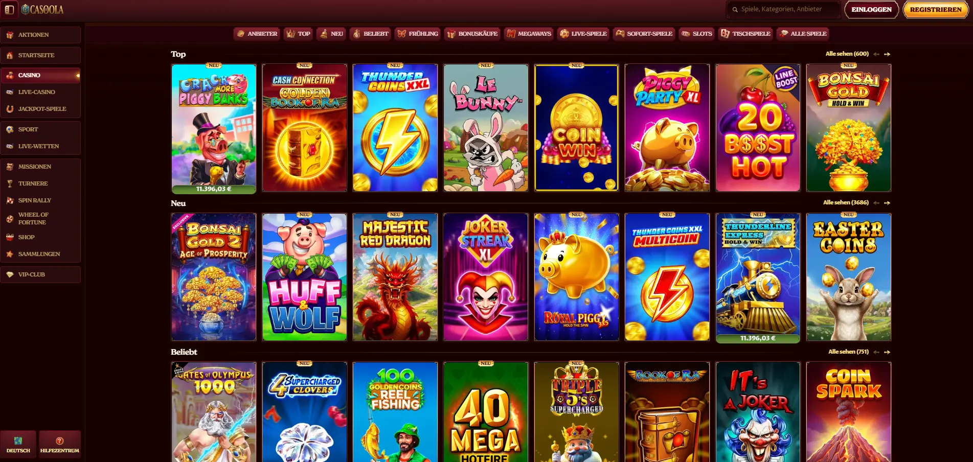 Casoola Slot-Lobby mit Top-, Neu- und Beliebt-Sektionen
