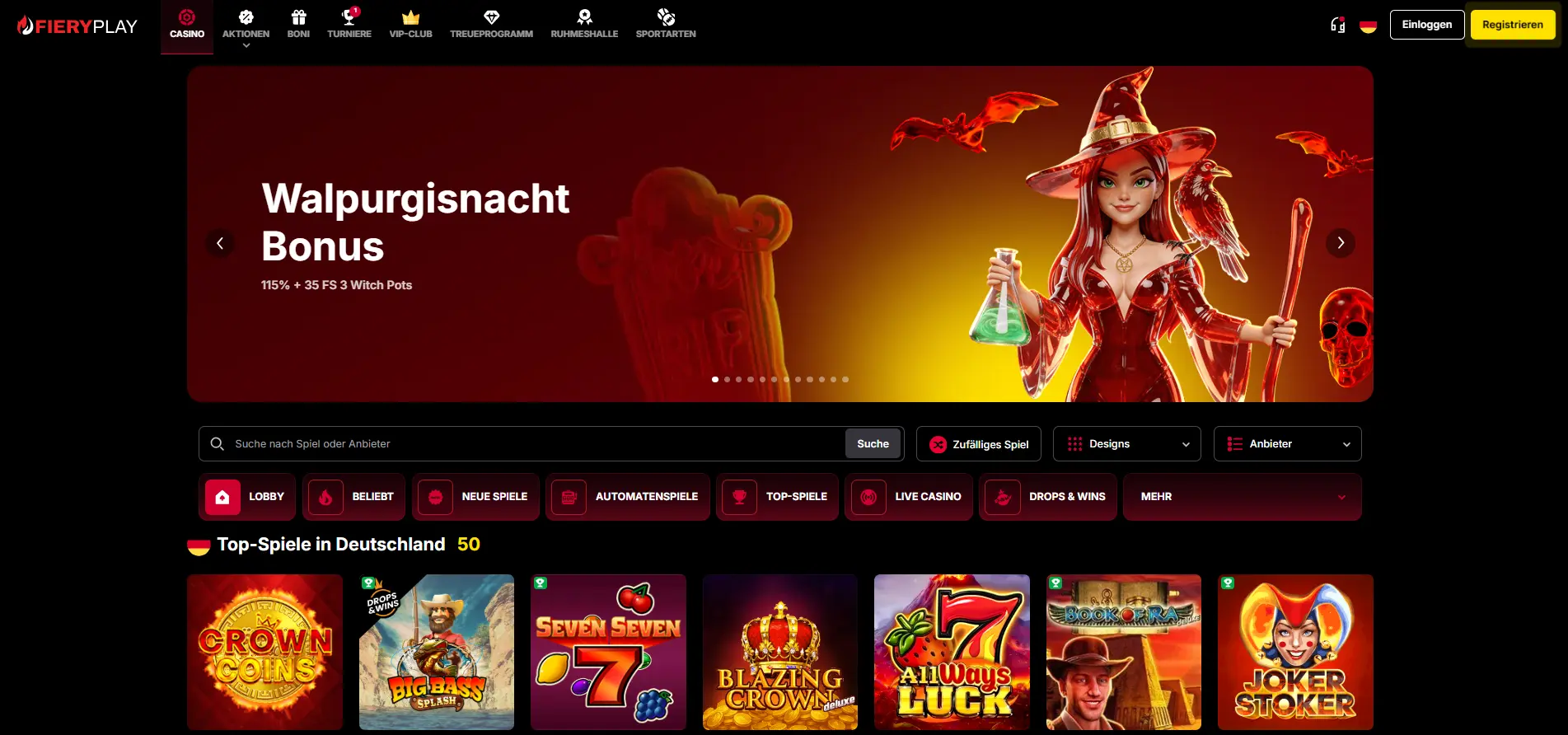 FieryPlay Casino Homepage mit Walpurgisnacht-Bonus-Banner
