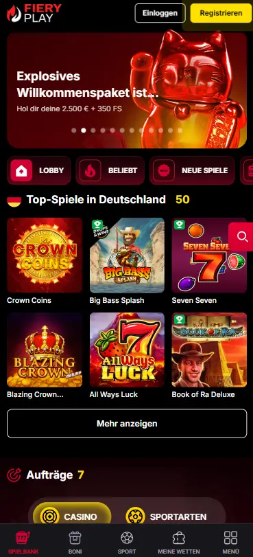 FieryPlay Mobile-Web mit Welcome-Banner und Bottom-Navigation