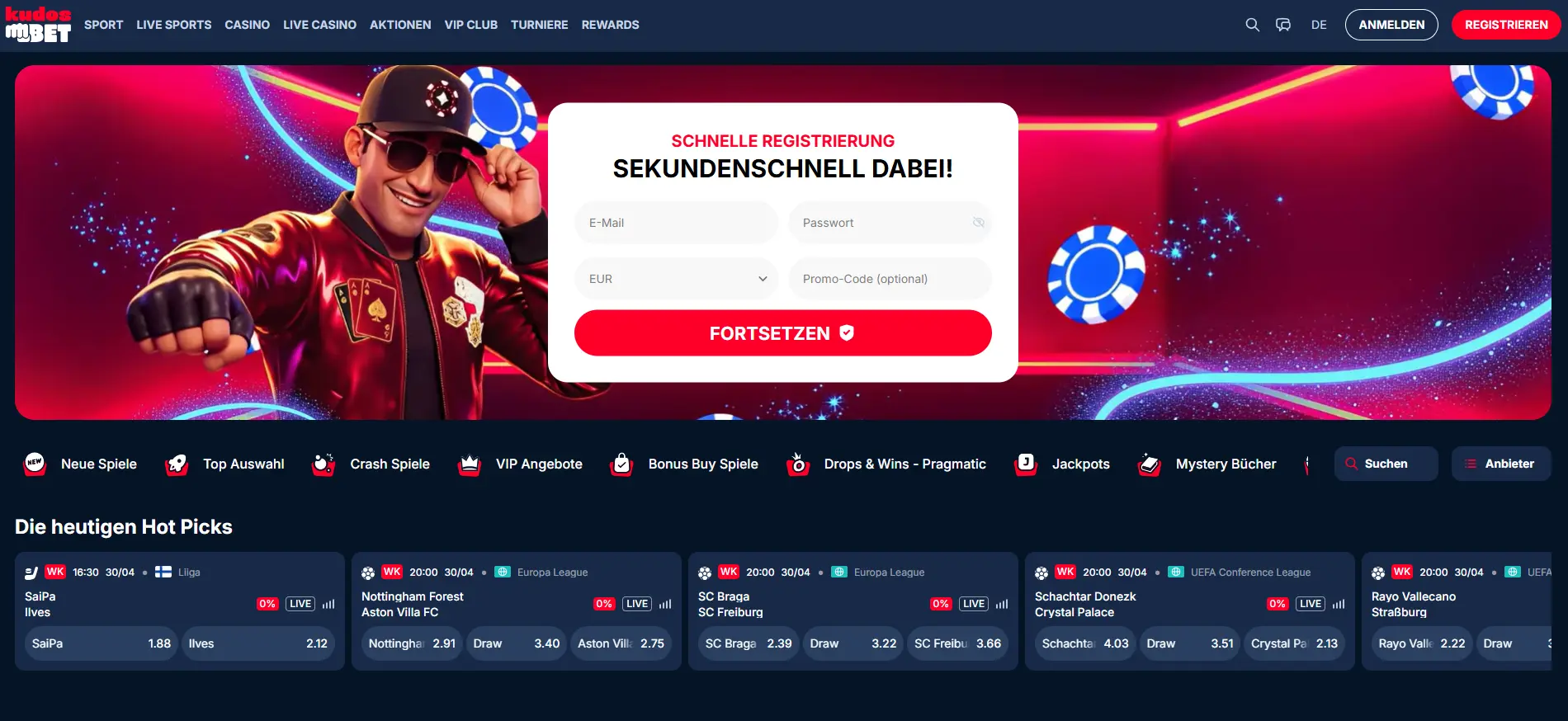 KudosBet Casino Homepage mit Sportwetten-Sektion