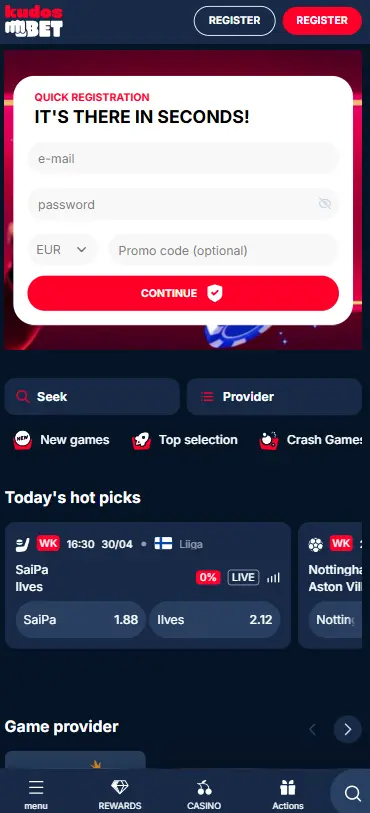 KudosBet Mobile-Ansicht mit Quick-Registration und Live-Wetten