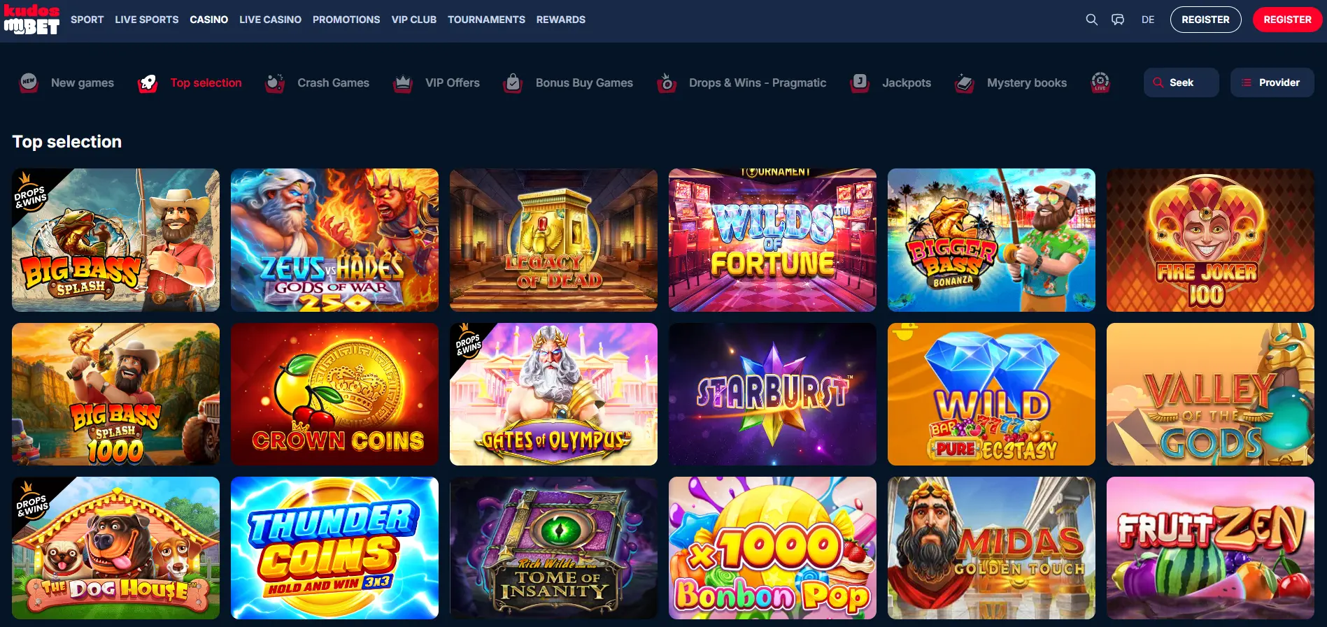 KudosBet Slot-Lobby mit Top-Selection und Pragmatic-Play-Hits