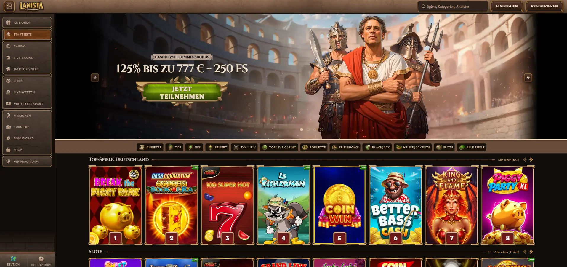 Lanista Casino Homepage mit Gladiator-Theme und Welcome-Bonus