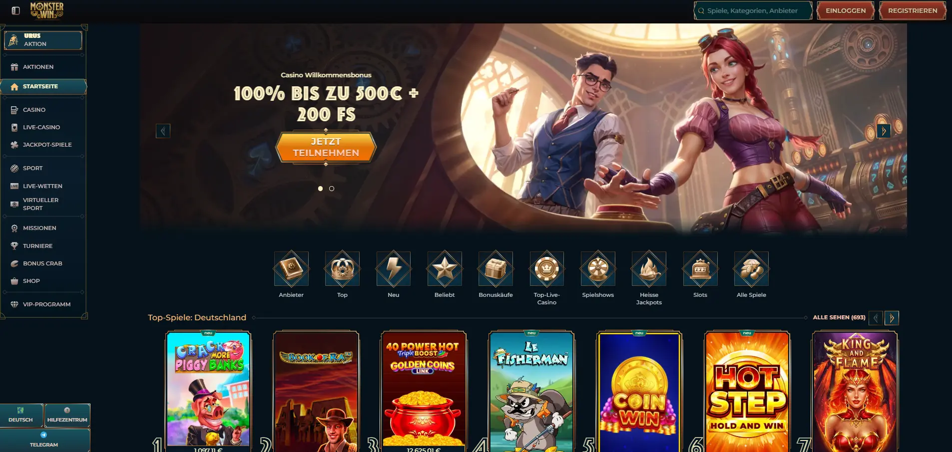 MonsterWin Casino Homepage mit Steampunk-Theme und Welcome-Bonus