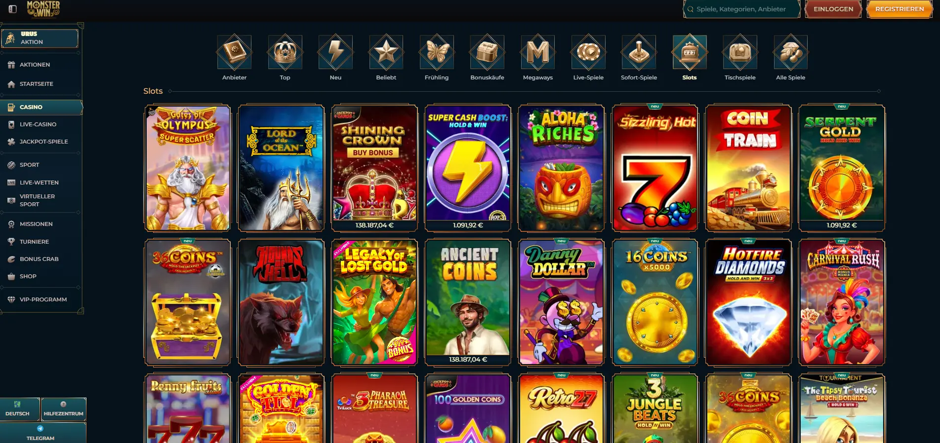 MonsterWin Slot-Lobby mit Provider-Filter und 158 Studios