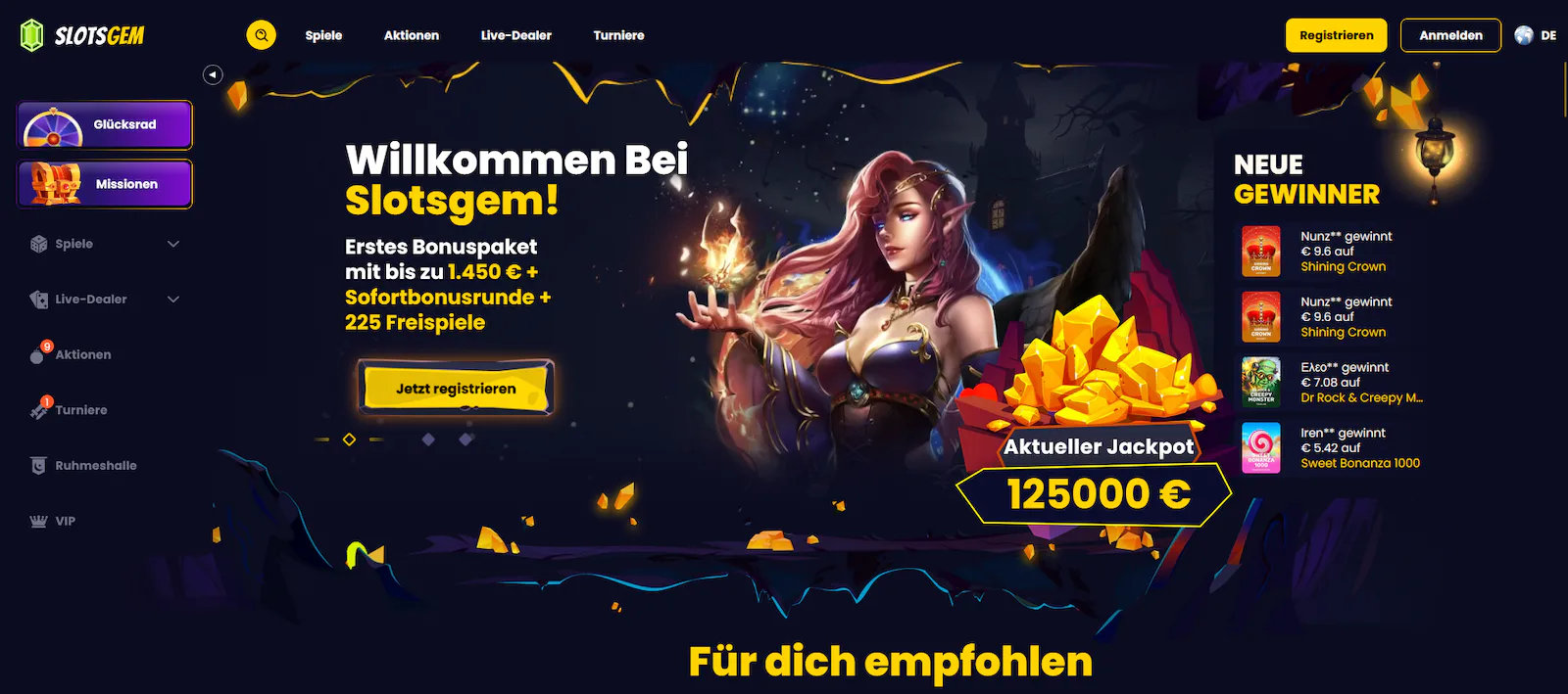 Slotsgem Casino Homepage mit Welcome-Bonus-Übersicht