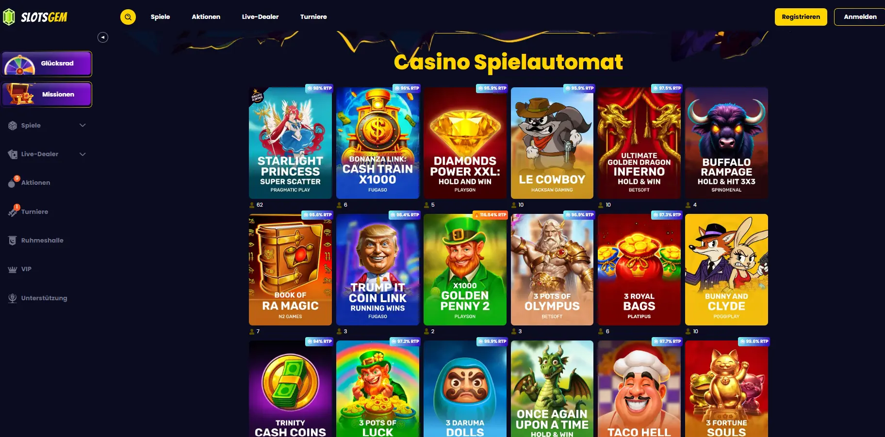 Slotsgem Slot-Lobby mit sichtbaren RTP-Werten auf jedem Tile