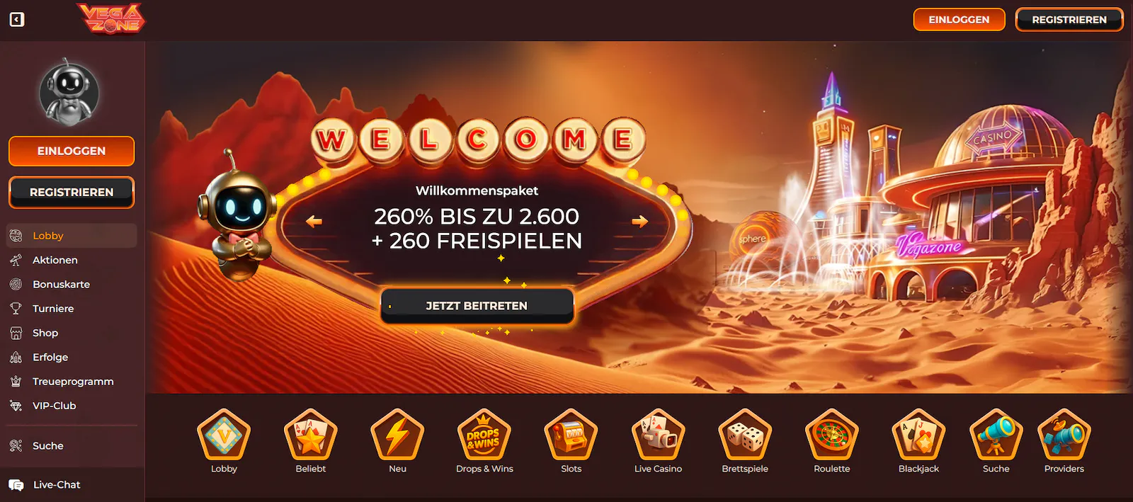 Vegazone Casino Homepage mit Live-Casino-Highlights