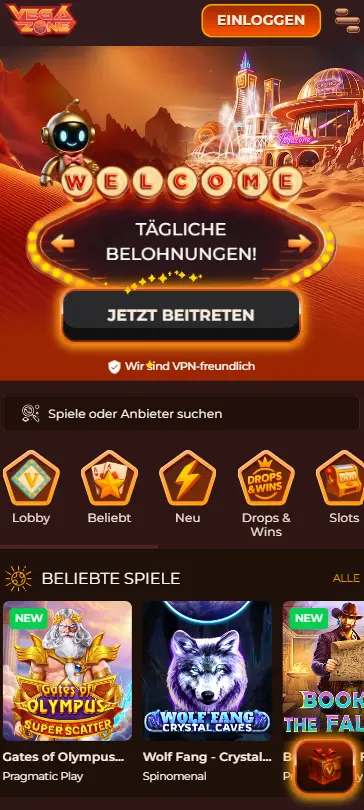 Vegazone iOS App mit Welcome-Hero und VPN-Badge