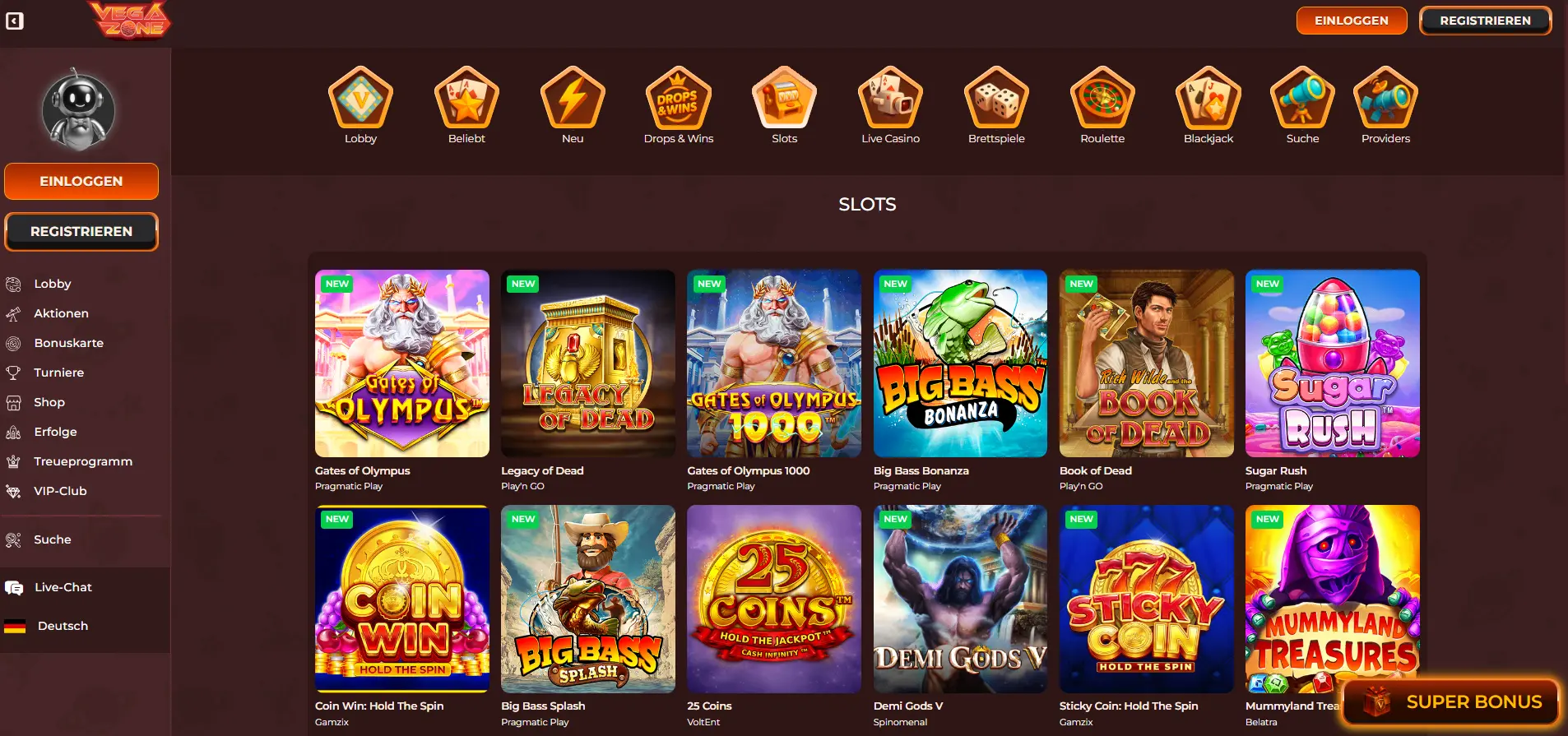 Vegazone Slot-Lobby mit Pragmatic-Play- und Spinomenal-Releases
